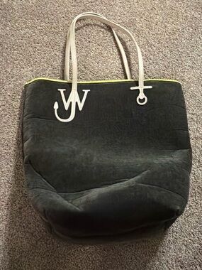 JW ANDERSON Black Suede Tote with Cream Handles and Neon Trim